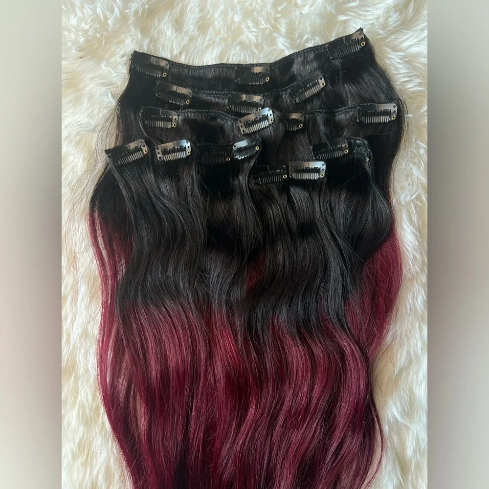 22 Inch Clip in Hair Extensions Ombre black to Burgundy